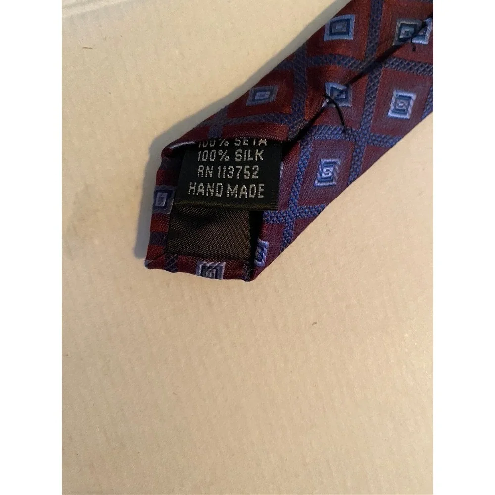 Joseph & Feiss International Silk Tie Burgundy Blue Geometric Diamond Pattern